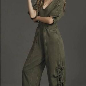 Daily Practice by Anthropologie Horizon Wide-Leg Jumpsuit V Neck Olive Green S